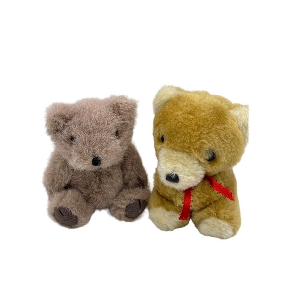 Set of 2 Mini Brown Bears Stuffed Animal Plush 1- articulated and 1 with Red Bow - Picture 1 of 6
